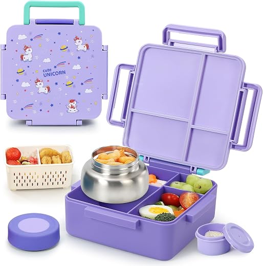 Bento Box for Kids with Thermos, [Large Capacity] Insulated Kids Lunch Box with 4 Compartment for Ages 3+, Drop-Proof & Dishwasher Safe Lunchbox...