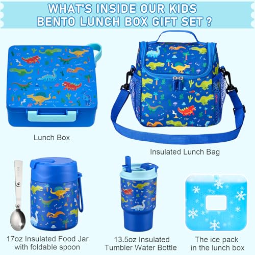 Bento Lunch Box for Kids with 17oz Soup Thermo,Insulated Tumbler Water Bottle and Insulated Lunch Bag,Leak-Proof 3 Compartment Lunch Food Container...
