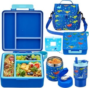 Bento Lunch Box for Kids with 17oz Soup Thermo,Insulated Tumbler Water Bottle and Insulated Lunch Bag,Leak-Proof 3 Compartment Lunch Food Container...