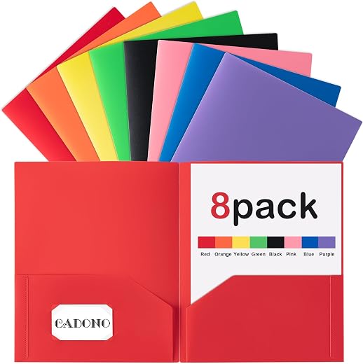 CADONO Plastic Folders with Pockets (8 Pack,Assorted Colors), Durable Heavy Duty File Folders with Business Card Slot, 2-Pocket Folder for...