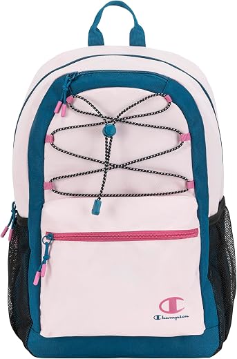 Champion Kids' Bungee Backpack with Padded Straps, Water Bottle Pocket, Carry Handle for Daily Use, Pink/Blue, One Size