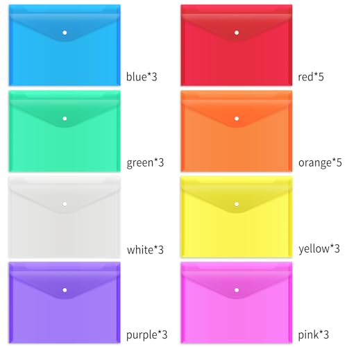 EOOUT 28pcs Plastic Envelopes, Plastic Folders for Documents, Poly Folders with Snap Closure, 8 Colors, A4 Size, Letter Size, for School and Office...