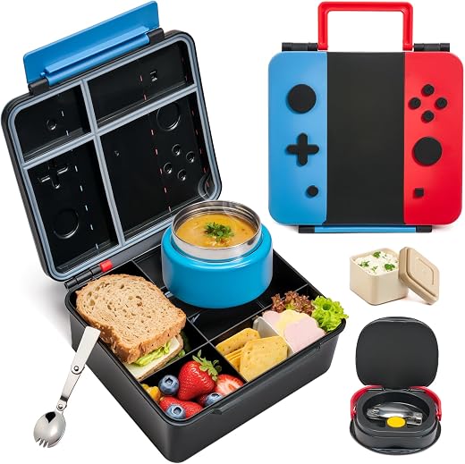 Game Bento Box for Kids, Lunch Box with Thermo(9oz Food Jar), Folding Spoon, Removable Divider & Sauce Cup, Lunch Box Kids for School,Travel,...