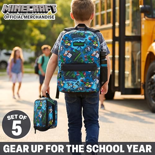 Get Trend Minecraft Kids Backpack Set for Boys with Insulated Lunch Bag, Water Bottle, Lanyard, & Charm, 5 Pc Book Bag with Padded Straps for...