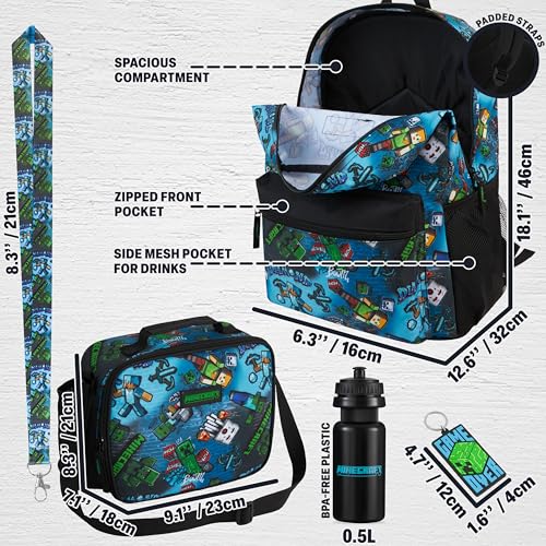 Get Trend Minecraft Kids Backpack Set for Boys with Insulated Lunch Bag, Water Bottle, Lanyard, & Charm, 5 Pc Book Bag with Padded Straps for...