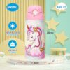 Girls Insulated Water Bottle with Covered Pop-Up Straw,16 oz Kids Cups with Stainless Steel Leak Proof for School Pink（Unicorn）