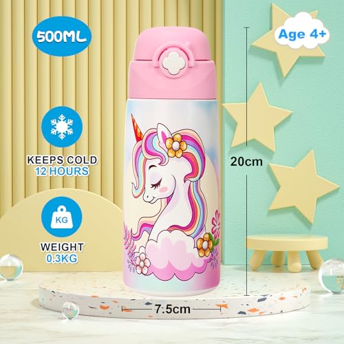 Girls Insulated Water Bottle with Covered Pop-Up Straw,16 oz Kids Cups with Stainless Steel Leak Proof for School Pink（Unicorn）