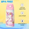 Girls Insulated Water Bottle with Covered Pop-Up Straw,16 oz Kids Cups with Stainless Steel Leak Proof for School Pink（Unicorn）