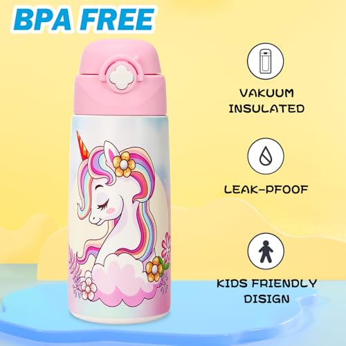 Girls Insulated Water Bottle with Covered Pop-Up Straw,16 oz Kids Cups with Stainless Steel Leak Proof for School Pink（Unicorn）