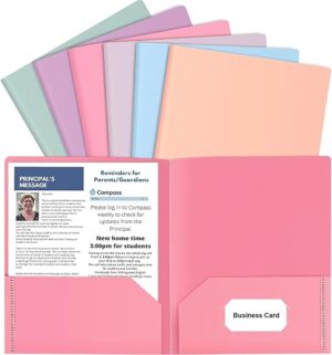 HABGP 6 Pack Colored File Folders with Pockets and Business Card Holder, Pastel Decorative Pocket Folders for Documents, Cute Plastic Folders for...