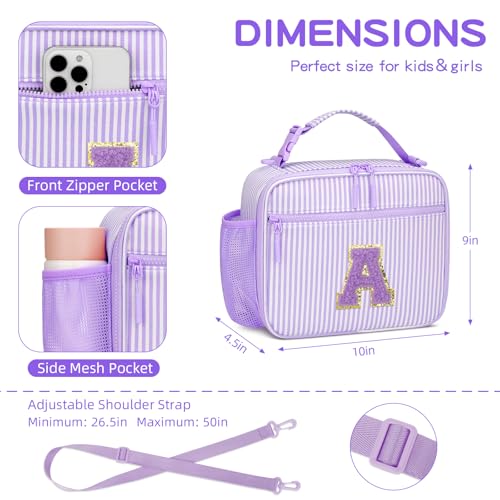 Insulated Lunch Bag for Kids - Cute Initial Lunch Box for Girls Boys with Adjustable Strap, Side Pocket, Leak-Proof Lining for School Daycare...