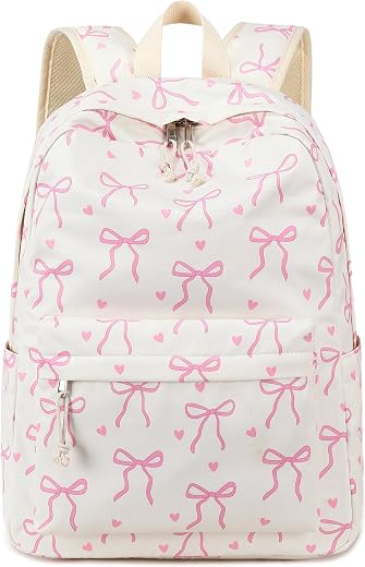 LOIDOU Backpack for Girls School Backpacks Bookbags for Elementary Middle School Women Laptop Backpacks (Bow tie Beige, L-17)