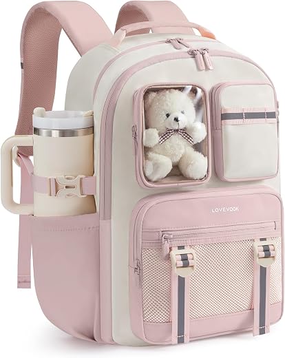 LOVEVOOK Cute School Backpack for Girls Ages 8-14, Bookbag with Plush Bear & Clear Display Pocket, Fits 15.6 Inch Laptop & 40oz Tumbler, Back to...