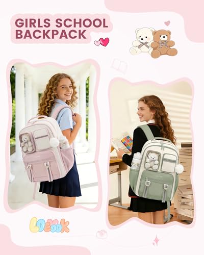 LOVEVOOK Cute School Backpack for Girls Ages 8-14, Bookbag with Plush Bear & Clear Display Pocket, Fits 15.6 Inch Laptop & 40oz Tumbler, Back to...