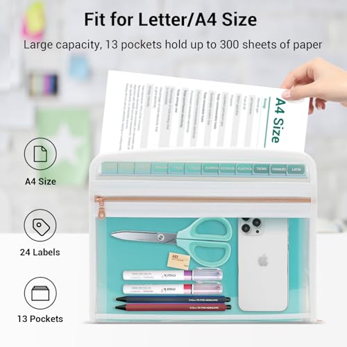 Mukawa 13 Pocket Expanding File Folder, Zipper Accordion File Folder, Expandable Folder with Customized Labels, Document Organizer for School Kids,...