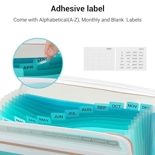 Mukawa 13 Pocket Expanding File Folder, Zipper Accordion File Folder, Expandable Folder with Customized Labels, Document Organizer for School Kids,...