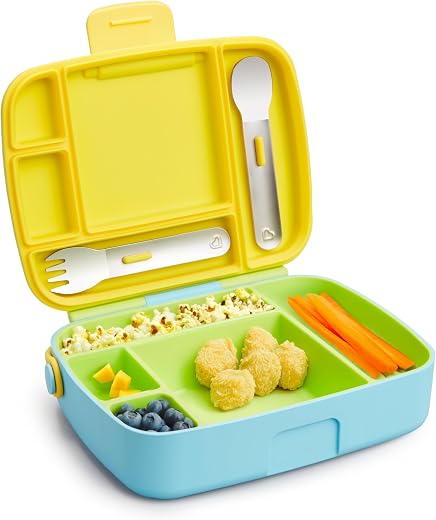 Munchkin Lunch Bento Box for Kids and Toddlers, Includes Stainless Steel Utensils, BPA-Free, 18 Months and Up, Blue/Green/Yellow Munchkin Lunch Bento Box for Kids and Toddlers, Includes Stainless Steel Utensils, BPA-Free, 18 Months and Up, Blue/Green/Yellow