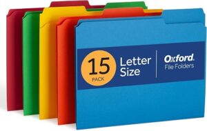 Oxford Colored File Folders, 15 Pack, 3 Tabs, 5 Assorted Colors, Letter Size (8.5" x 11"), Color-Coding for School, Office & Home Document...