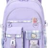 PRLINJSK Girls Backpack，Cute School Backpack for Girls Kids Teens，Kawaii Bookbag for Primary Elementary，Purple