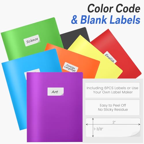 Sooez 7 Pack Folders with Pockets, 2 Pocket Folders with Extra Labels, Plastic Folder with Pockets, Heavy Duty File Folder Bulk, School Business...