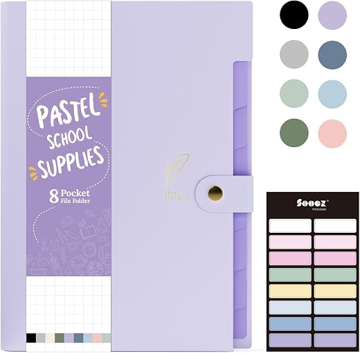 Sooez Aesthetic 8 Pocket Accordion File Organizer, Pastels Expanding File Folder for Important Document with Labels, Portable Receipt Paper Bill...