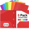 Sooez Plastic Folders with Pockets and Prongs, 6 Pack Pocket Folders with Prongs, Heavy Duty 3 Prong 2-Pocket Folders for Document, Colored File...