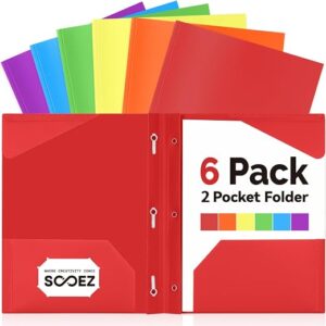 Sooez Plastic Folders with Pockets and Prongs, 6 Pack Pocket Folders with Prongs, Heavy Duty 3 Prong 2-Pocket Folders for Document, Colored File...
