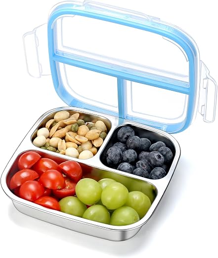 Stainless Steel Snack Containers, 3 Compartments Reusable on and go Bento Box with Lids for Kids, Lunch Box Pre Meal Storage for Daycare School... Stainless Steel Snack Containers, 3 Compartments Reusable on and go Bento Box with Lids for Kids, Lunch Box Pre Meal Storage for Daycare School...