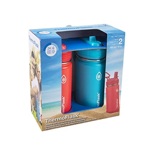 ThermoFlask Kids 16 oz Insulated Water Bottles with Straw Lid BPA-Free Stainless Steel Leakproof & Spill-Proof Design Easy Clean Wide Mouth 2-Pack...