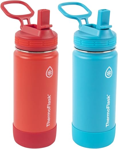 ThermoFlask Kids 16 oz Insulated Water Bottles with Straw Lid BPA-Free Stainless Steel Leakproof & Spill-Proof Design Easy Clean Wide Mouth 2-Pack...