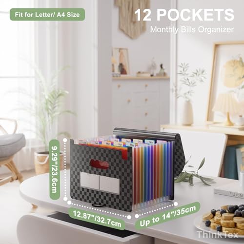 ThinkTex Accordion File Organizer, 12 - Pocket Expanding File Folders for Paper Receipts, Bills & Taxes Organizer, Portable Letter/A4 Size Document...