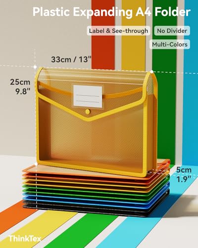 ThinkTex Plastic Expanding File Folder, Transparent Envelopes with Snap Closure, No Dividers, Large Capacity, Assorted Colors, Fits Letter / A4...